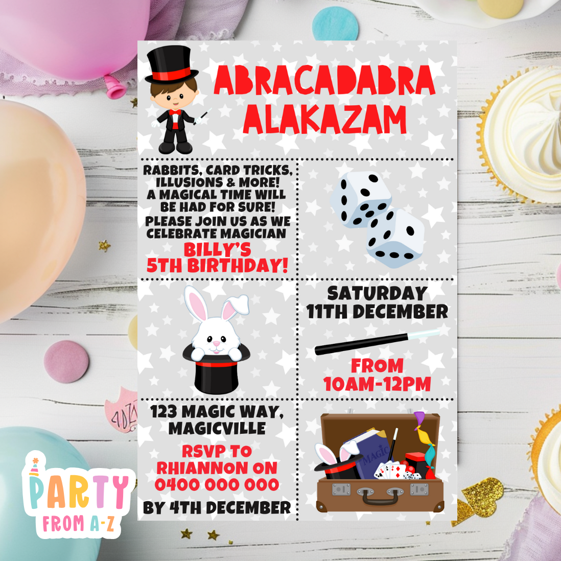 Kids Birthday Party Invites Boys Girls Theme MAGIC BOY PRINTED