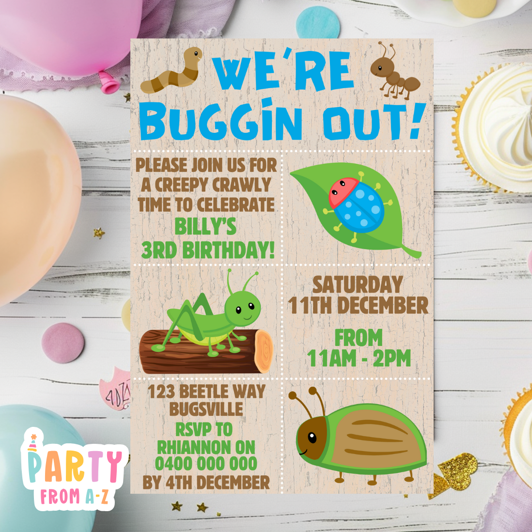 Kids Birthday Party Invites Boys Girls Theme BUGS/INSECTS BOYS PRINTED