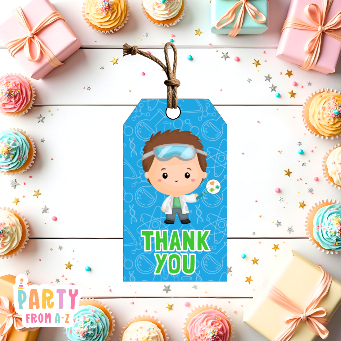 Science Brunette Boy Thank You Tags | Digital Ready to Print
