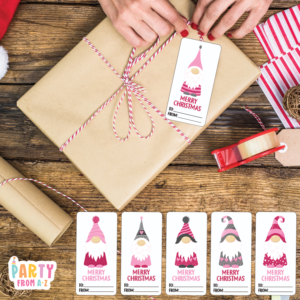 12 Pack Adhesive Gift Tags Labels Pink Gnome
