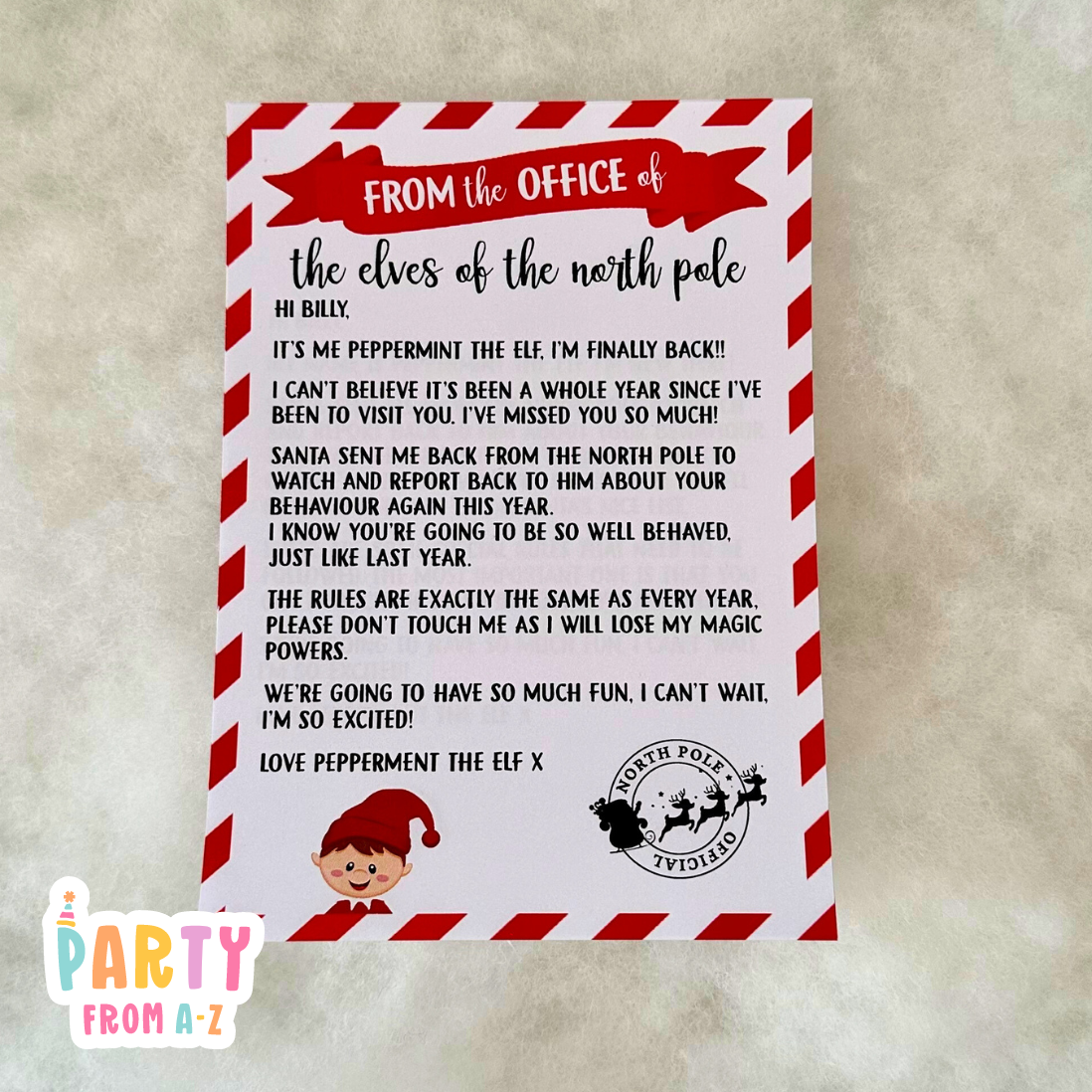 Personalised Christmas Elf Welcome to our family letter Printed
