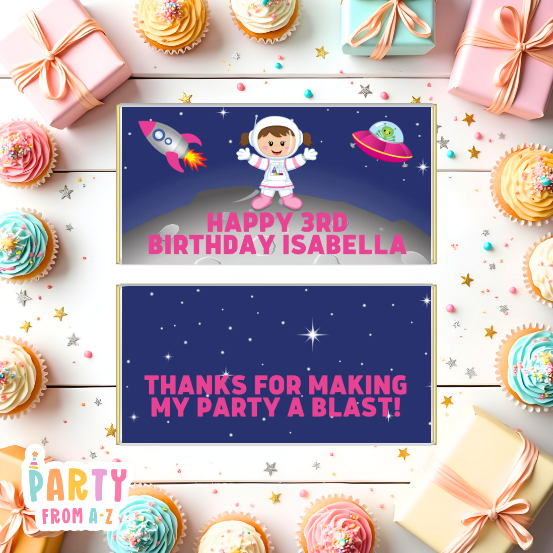 Kids Birthday Party Chocolate Wrappers Aldi Boys Girls SPACE GIRL PRINTED