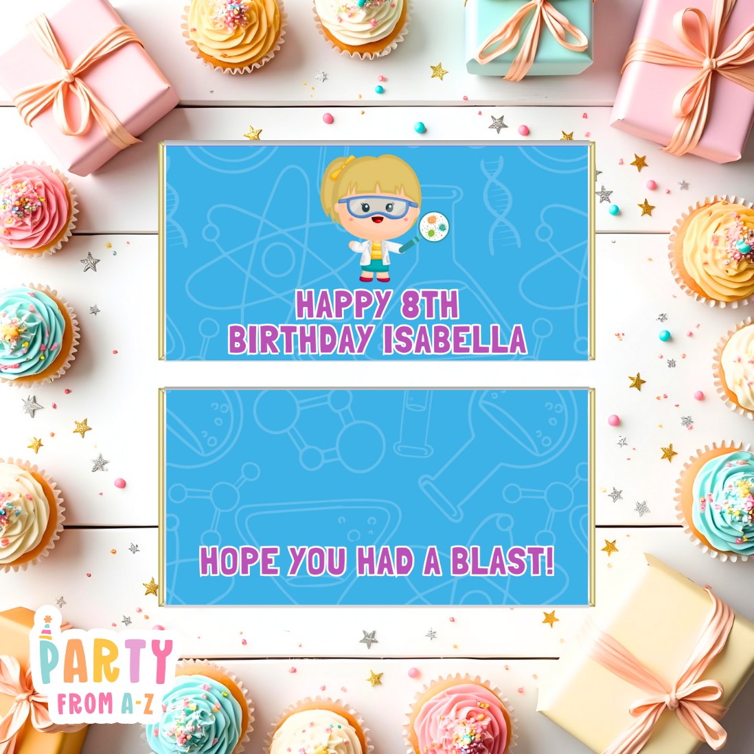 Kids Birthday Party Chocolate Wrappers Aldi Boys Girls SCIENCE BLONDE GIRL PRINTED