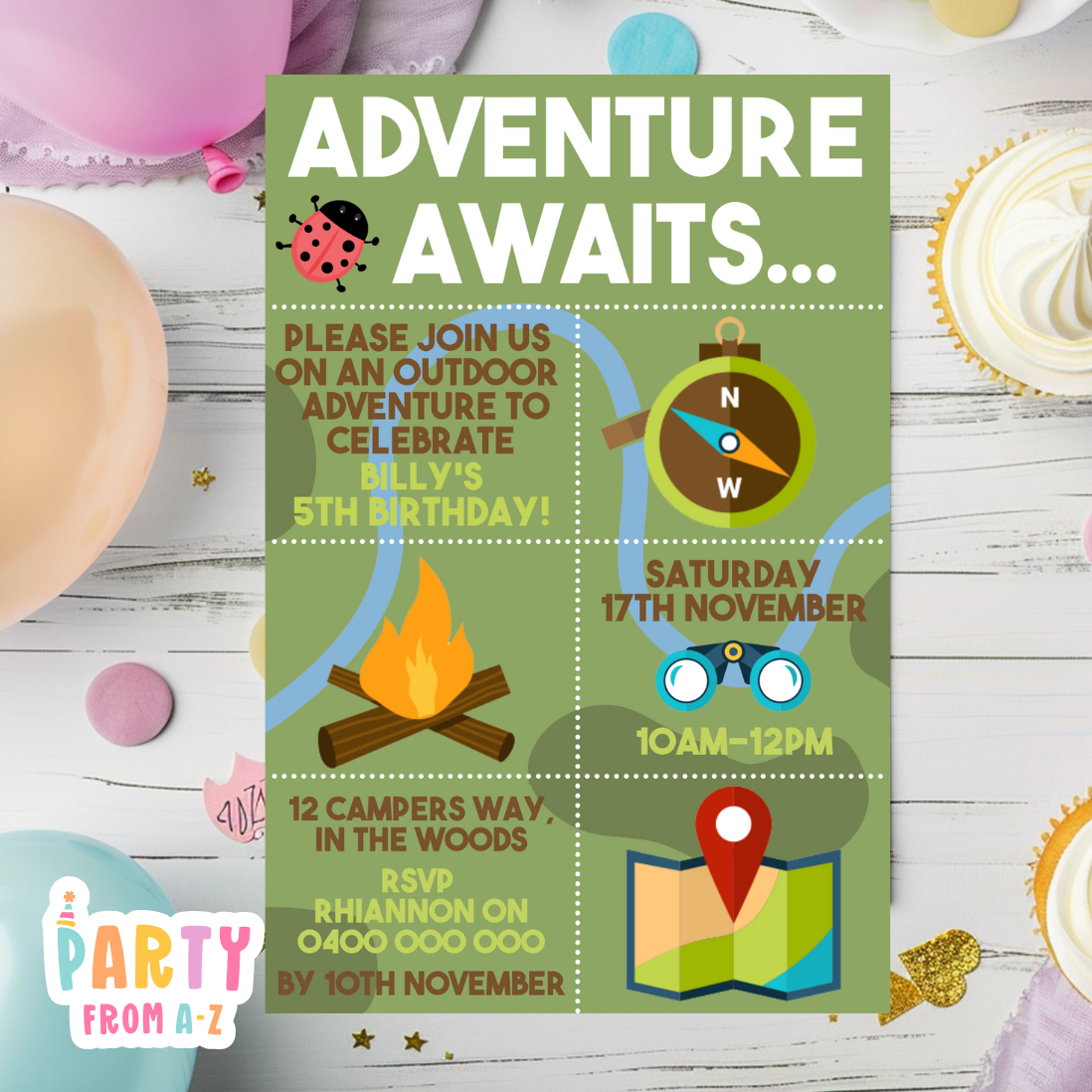 Kids Birthday Party Invites Boys Girls Theme ADVENTURE OUTDOORS NATURE PRINTED