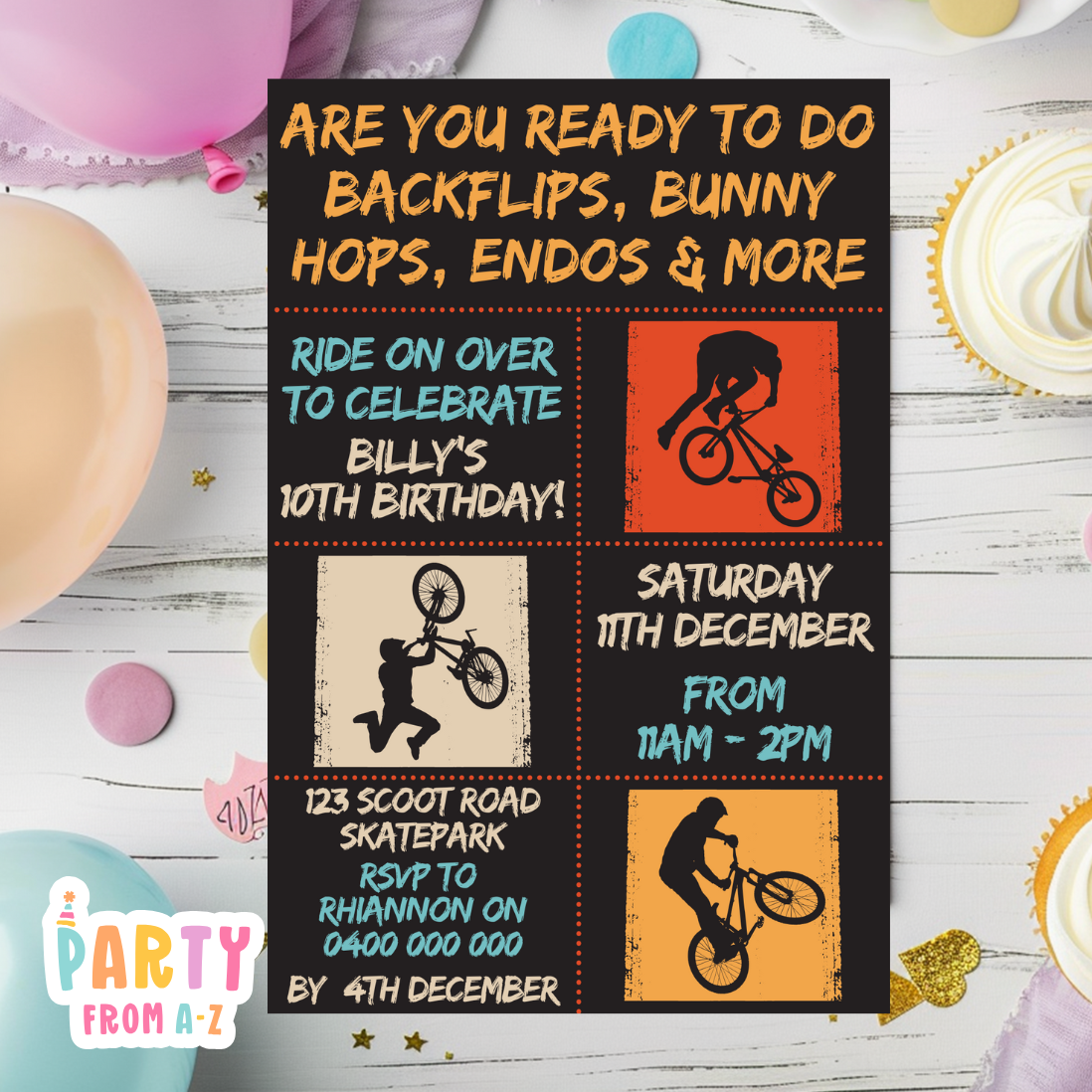 Kids Birthday Party Invites Boys Girls Theme BMX PRINTED
