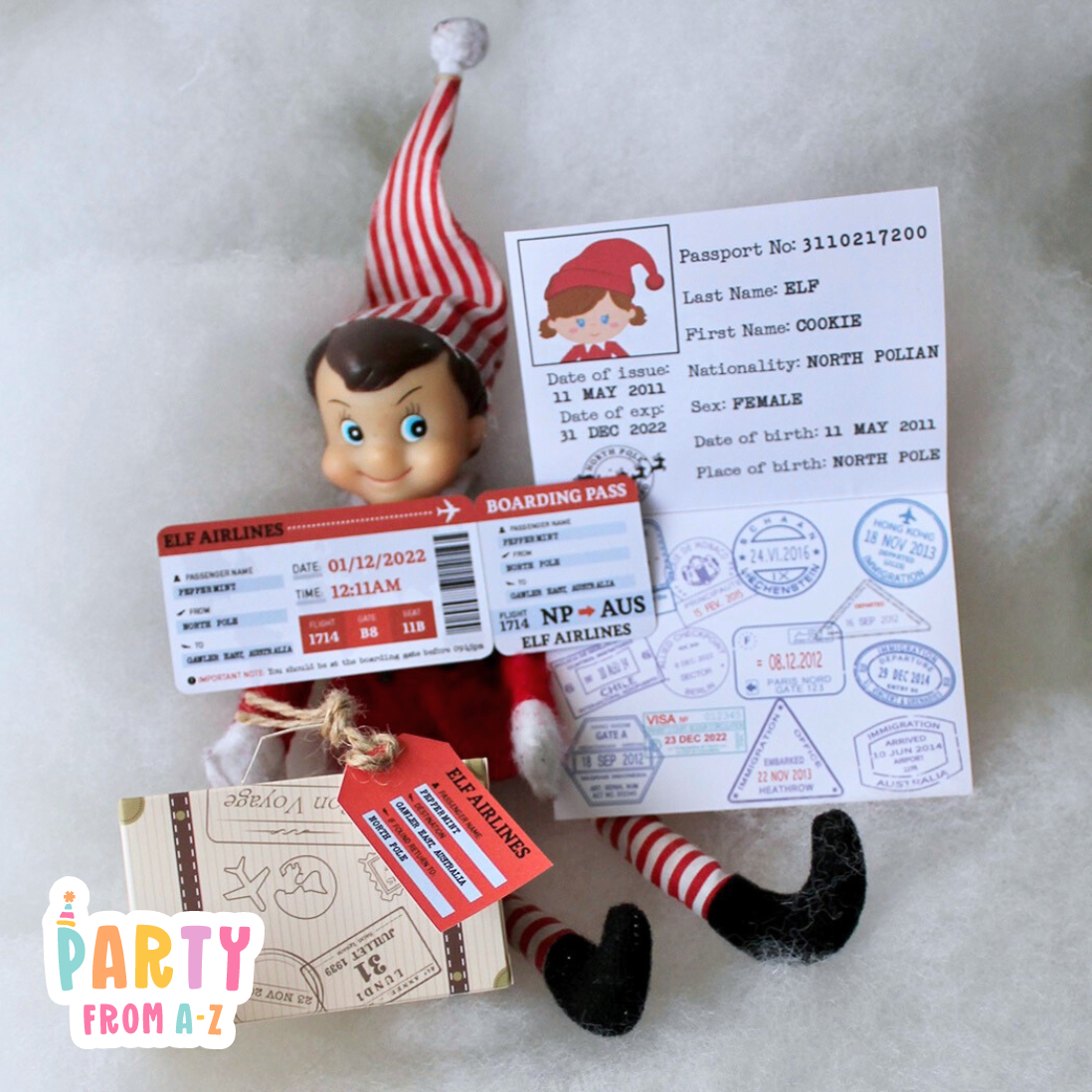 Christmas Elf Personalised Christmas Personalised Elf Passport, Boarding Pass & Suitcase Prop Elf Antics