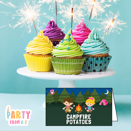 Personalised Birthday Party Candy & Lolly Food Cards | Party Decor CAMPING GIRL DIGITAL Canva