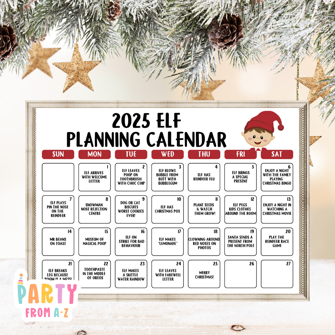 2025 Christmas Elf Planning Calendar Elf Prop Elf Antics PRINTED