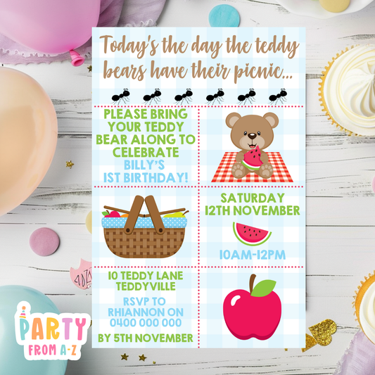Kids Birthday Party Invites Boys Girls Theme TEDDY BEARS PICNIC BOY PRINTED