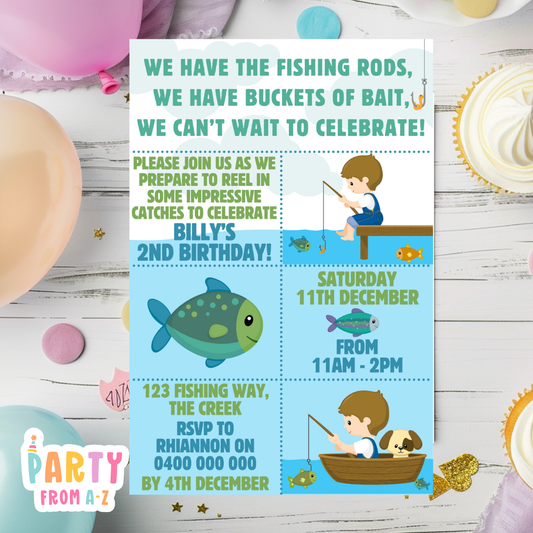 Kids Birthday Party Invites Boys Girls Theme FISHING BOY PRINTED