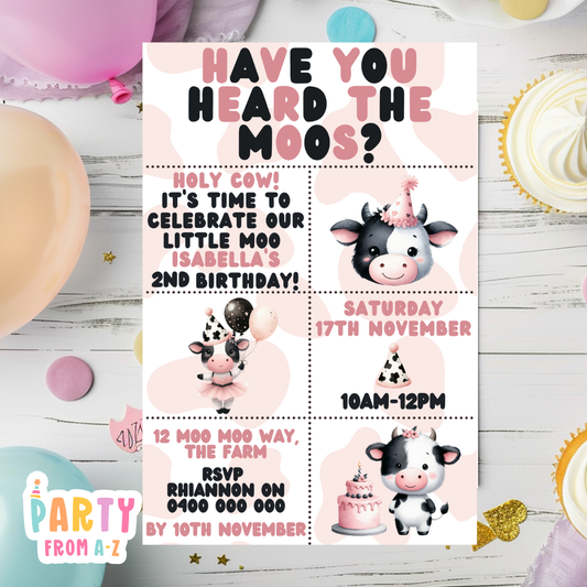Kids Birthday Party Invites Boys Girls Theme LITTLE MOO COW PRINTED