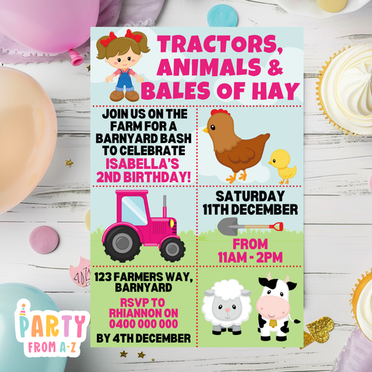 Kids Birthday Party Invites Boys Girls Theme FARMER GIRL PRINTED
