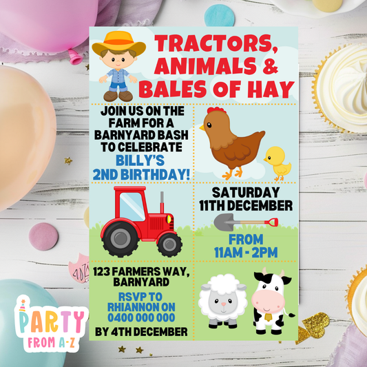 Kids Birthday Party Invites Boys Girls Theme FARMER BOY PRINTED
