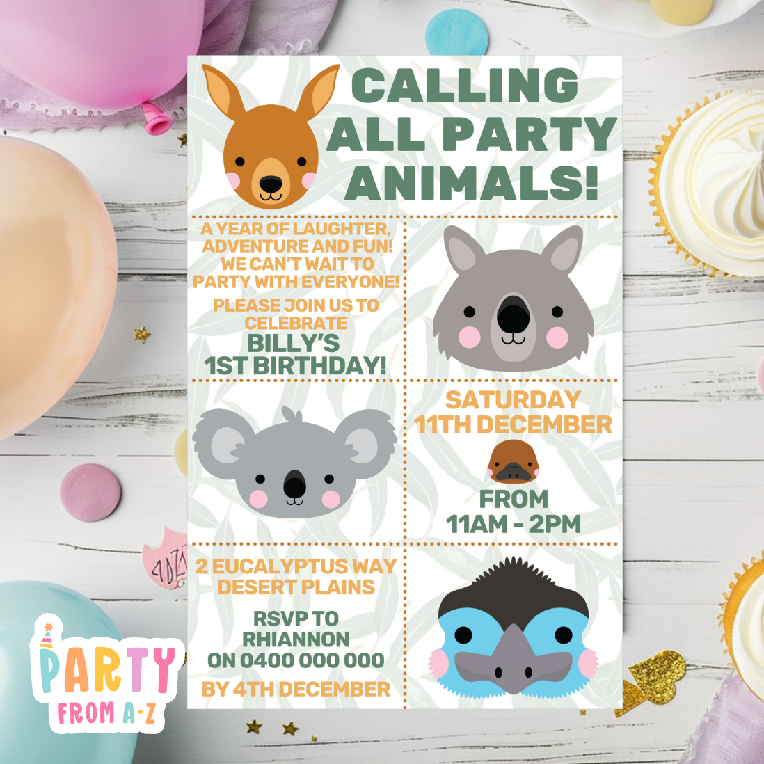 Kids Birthday Party Invites Boys Girls Theme AUSTRALIAN ANIMALS PRINTED