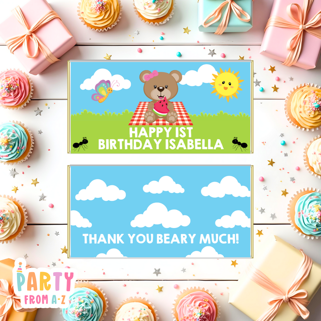 Kids Birthday Party Chocolate Wrappers Aldi Boys Girls TEDDY BEARS PICNIC GIRL PRINTED