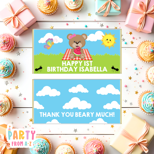 Kids Birthday Party Chocolate Wrappers Aldi Boys Girls TEDDY BEARS PICNIC GIRL PRINTED