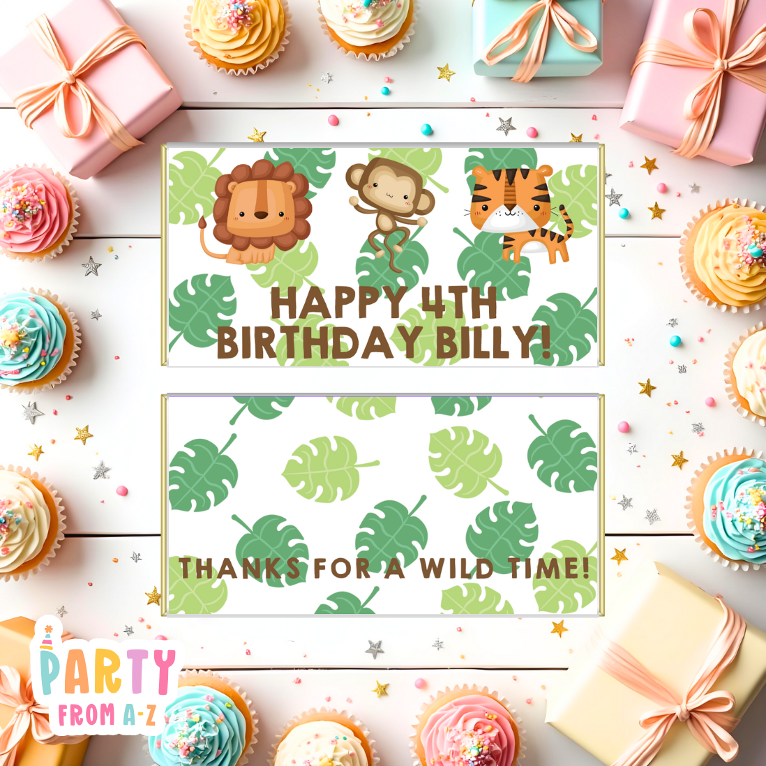 Kids Birthday Party Chocolate Wrappers Aldi Boys Girls WILD ONE JUNGLE PRINTED
