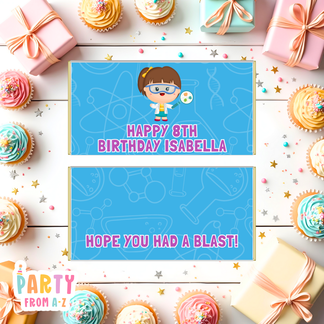 Kids Birthday Party Chocolate Wrappers Aldi Boys Girls SCIENCE BRUNETTE GIRL PRINTED