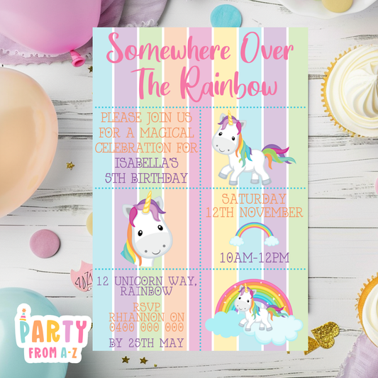 Kids Birthday Party Invites Boys Girls Theme UNICORN RAINBOW PRINTED