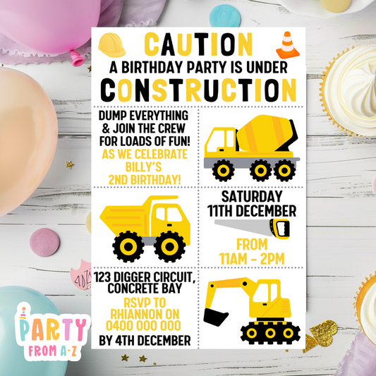Kids Birthday Party Invites Boys Girls Theme CONSTRUCTION DIGITAL