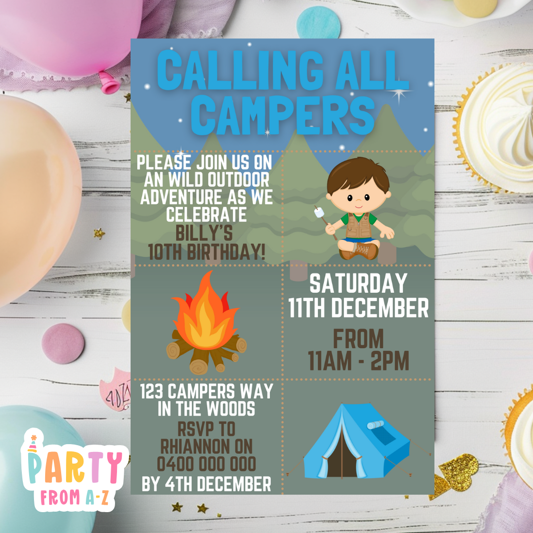 Kids Birthday Party Invites Boys Girls Theme CAMPING BOYS DIGITAL
