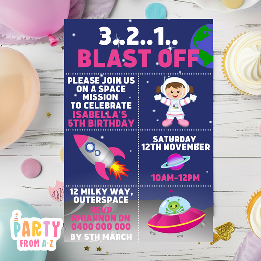 Kids Birthday Party Invites Boys Girls Theme SPACE GIRL DIGITAL