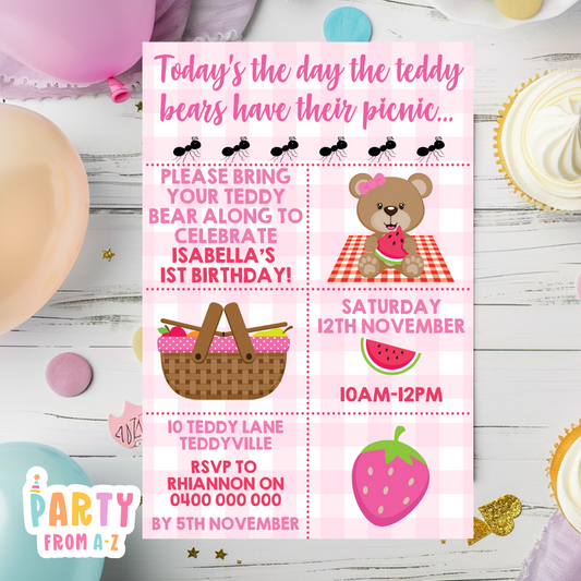 Kids Birthday Party Invites Boys Girls Theme TEDDY BEARS PICNIC GIRL DIGITAL